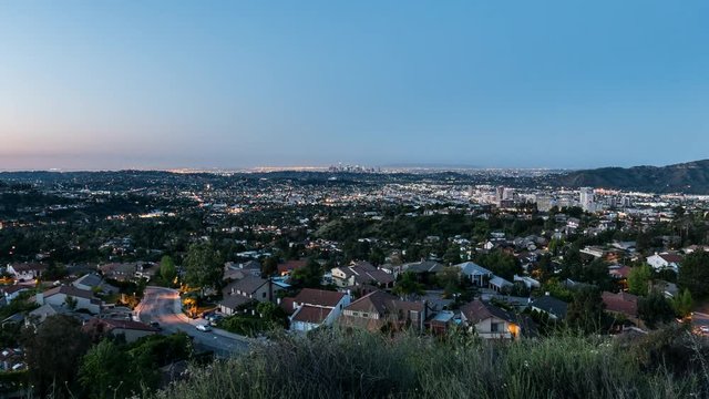 Glendale dawn sunrise time lapse view with zoom in near downtown Los Angeles, California.