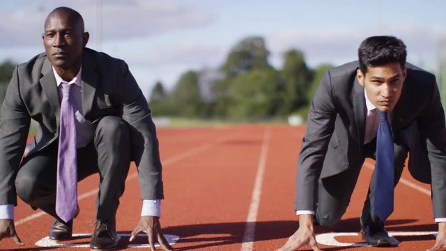  Competitive businessmen at running track line up at starting line before race