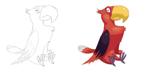 Creative Illustration and Innovative Art: Animal Set: Sketch Line Art and Coloring Book: Happy Parrot. Realistic Fantastic Cartoon Style Character Design, Wallpaper, Story Background, Card Design
