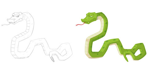 Creative Illustration and Innovative Art: Animal Set: Sketch Line Art and Coloring Book: Green Snake. Realistic Fantastic Cartoon Style Character Design, Wallpaper, Story Background, Card Design
