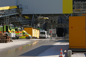 Fire trucks and ambulance and other safety equipment always ready at the entrance of a mining site