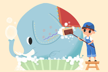Creative Illustration and Innovative Art: Little Boy is Cleaning Up the Elephant. Realistic Fantastic Cartoon Style Artwork Character Design, Wallpaper, Story Background, Card Design