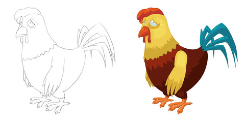 Creative Illustration and Innovative Art: Animal Set: Sketch Line Art and Coloring Book: Chicken. Realistic Fantastic Cartoon Style Character Design, Wallpaper, Story Background, Card Design
