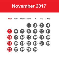 Template of calendar for November 2017

