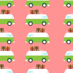 Vector illustration of a retro van,Seamless pattern