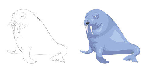 Creative Illustration and Innovative Art: Animal Set: Sketch Line Art and Coloring Book: Sea Lion. Realistic Fantastic Cartoon Style Character Design, Wallpaper, Story Background, Card Design