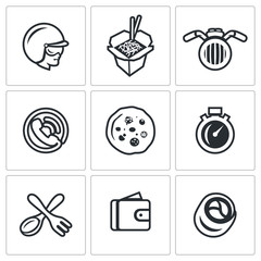 Naklejka na ściany i meble Vector Set of Delivery Icons. Courier, Food, Transport, Order, Pizza, Speed, Cutlery, Payment, Sushi.