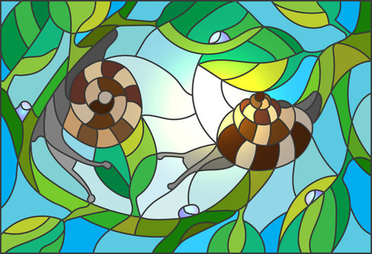 Stained glass illustration of a snail on a branch against the sky and the sun