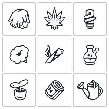 Vector Set of Rastaman Icons. Dreadlocks, Marijuana, Light, Smoking, Drug, Bong, Hydroponics, Money, Farm.