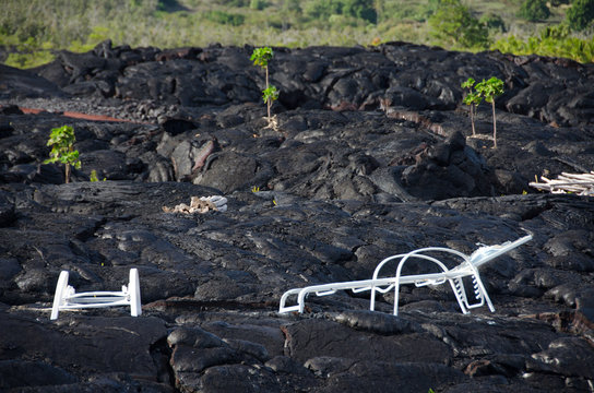 Garden chairs on Kalapana lava field