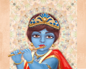 Illustration of hindu deity Shri Krishna playing the flute. Happy Janmashtami