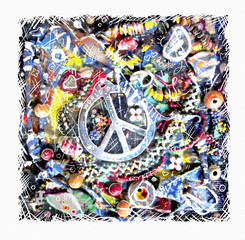 Pacific card. Illustration of ornamental peace sign on grunge multicolor background. Art design. Flower power.