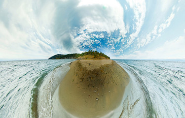 Stereographic panorama of Lake Baikal from the beach rocks in pr
