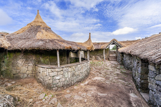 Interior of the reconstructed family nucleus building in Citania de Sanfins. A Castro Village (fortified Celtic-Iberian pre-historic settlement) in Pacos de Ferreira, Portugal.