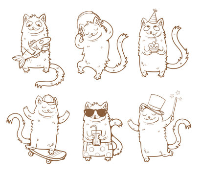 Cartoon cats set. Funny kittens in various poses. Vector image. Children's illustration. Contour image. Transparent background.