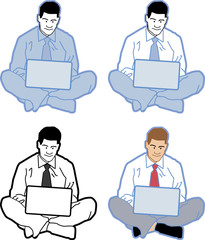 Business man sitting using a laptop - isolated over a white background