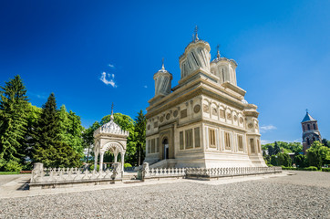Curtea de Arges monastery, Romania. Curtea de Arges Monastery is known because of the legend of architect master Manole. It is a landmark in Wallachia, medieval Romania.