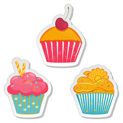 Food sticker set. Collection of labels of cupcakes, muffins with different toppings in elegant pastel hues. Bakery design template. Vector illustration isolated on white background