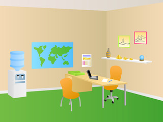 Travel agency office room green orange interior table chair illustration vector