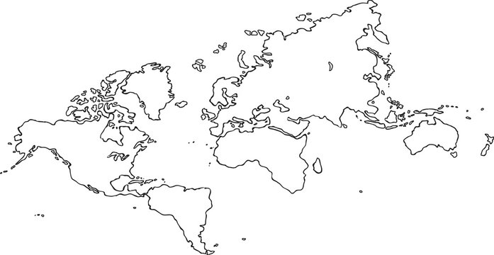Freehand world map sketch on white background. Isometric view.
