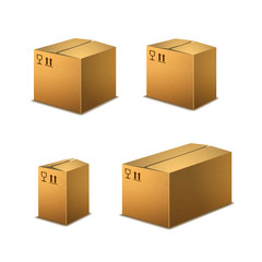 Set of realistic cardboard boxes with cargo signs on white