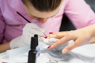 Obraz na płótnie Canvas Manicure care procedure, Close-up photo Of Beautician Hand Painting Nails Of Woman In Salon