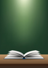 open book on blackboard background
