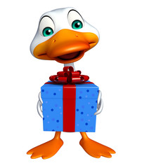 fun Duck cartoon character with gift box