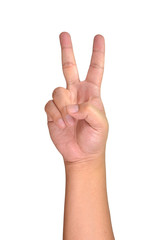 Two finger sign as hand gesture isolated over white background.