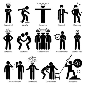 Positive Personalities Character Traits. Stick Figures Man Icons. Starting with the Alphabet C.