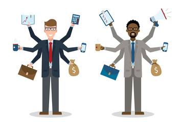 Multitasking six hands isolated businessmen on white background. Successful businessman. Workaholic. Talented and professional. Leadership.