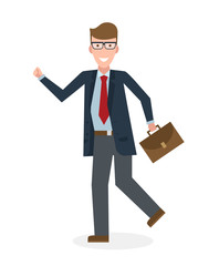 Businessan running on white background. Isolated cartoon character. Caucasian businessman with suit case. Successful achievement. Active work. Fast lifestyle.