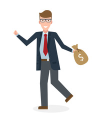 Businessan running on white background. Isolated cartoon character. Caucasian businessman with money bag. Successful achievement. Active work. Fast lifestyle.