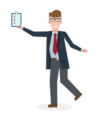 Businessan running on white background. Isolated cartoon character. Caucasian businessman with clipboard. Successful achievement. Active work. Fast lifestyle.