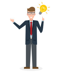 Businessman with idea bulb and ok gesture on white background. Isolated character. Caucasian businessman pointing at idea bulb. Concept of successful job.