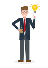 Businessman with idea bulb and coffee cup on white background. Isolated character. Caucasian businessman pointing at idea bulb. Concept of successful job.