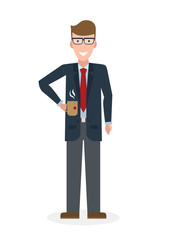 Businessman with coffee cup on white background. Isolated character. Coffee break. Time to relax.