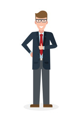 Businessman with thump up on white background. White-collar gesturink thumb up. Successful and positive consultant. Greeting or agreement.