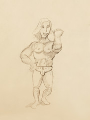 Funny Bodybuilder, pencil sketch on vintage paper.