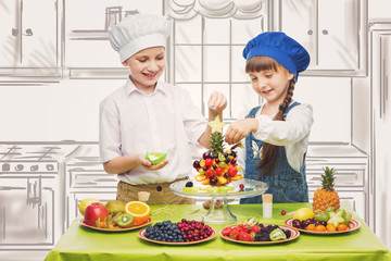 Children making fruit snacks