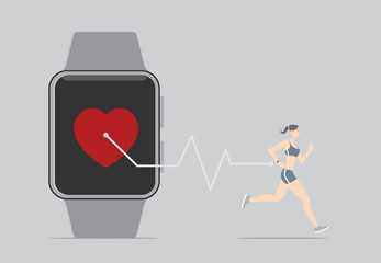 Fitness Sensor App Concept. Girl running with wearable device.