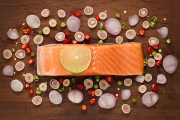 salmon steak spicy food salad ingredient rustic still life