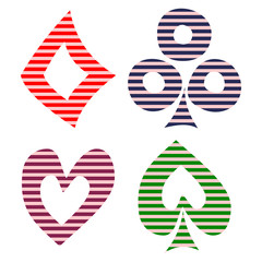 Vector set of playing card symbols. Hand drawn decorative black and red lined icons isolated on the backgrounds. Graphic illustration