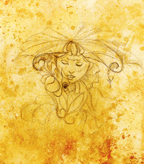 mystic woman with flower. pencil drawing on paper, Color effect.