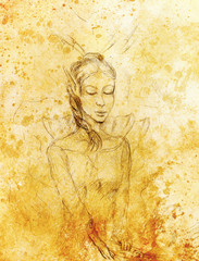 Fototapeta na wymiar Drawing of elf woman, pencil sketch on paper, sepia and vintage effect.