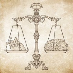 Vector illustration antique ornate balance scales with a heart and a brain on cups over grunge background. Logic and emotion priority concept. Even odds, being in balance.