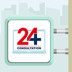 Twenty four available on line medical consultation. Laptop. Citylight conception.