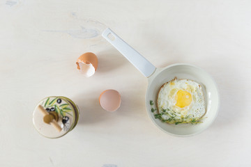 Fried eggs at white background
