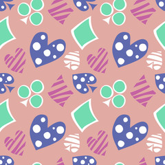 Seamless vector pattern with icons of playings cards. Background with colorful hand drawn ornamental symbols on pink. Decorative repeating ornament. Series of Gaming and Gambling Seamless Patterns.