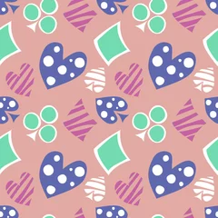 Gordijnen Naadloze herfst Seamless vector pattern with icons of playings cards. Background with colorful hand drawn ornamental symbols on pink. Decorative repeating ornament. Series of Gaming and Gambling Seamless Patterns.  © Valentain Jevee